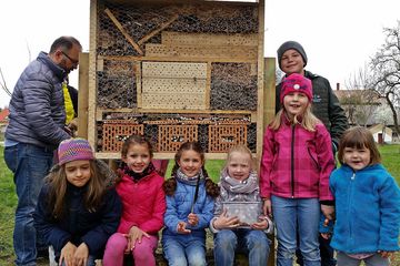 Kindergruppe hilft beim Bau eines Insektenhotels